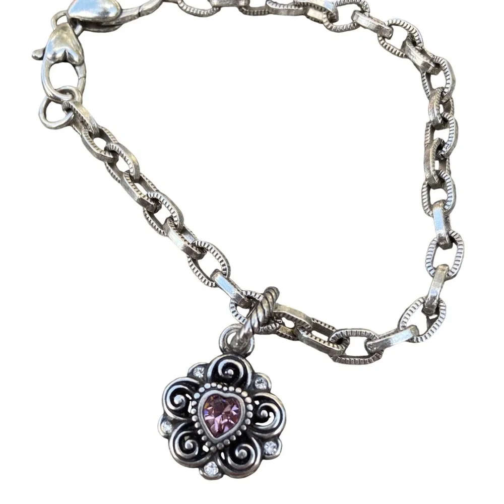 Brighton Silver Tone Heart Charm Flower Bracelet Pink‎ Gemstone Crystal Accents
